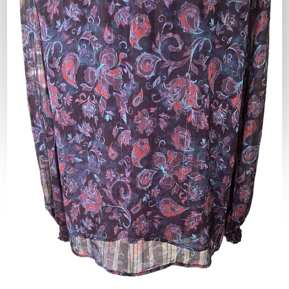 JOIE Purple Floral Metallic Silver Smocked High Neck Balloon Sleeve Blouse - M - Picture 7 of 12